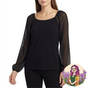 LOFT Black Sheer Swiss Dot Puff Sleeve Square Neck Top Size M Whimsygoth Blouse